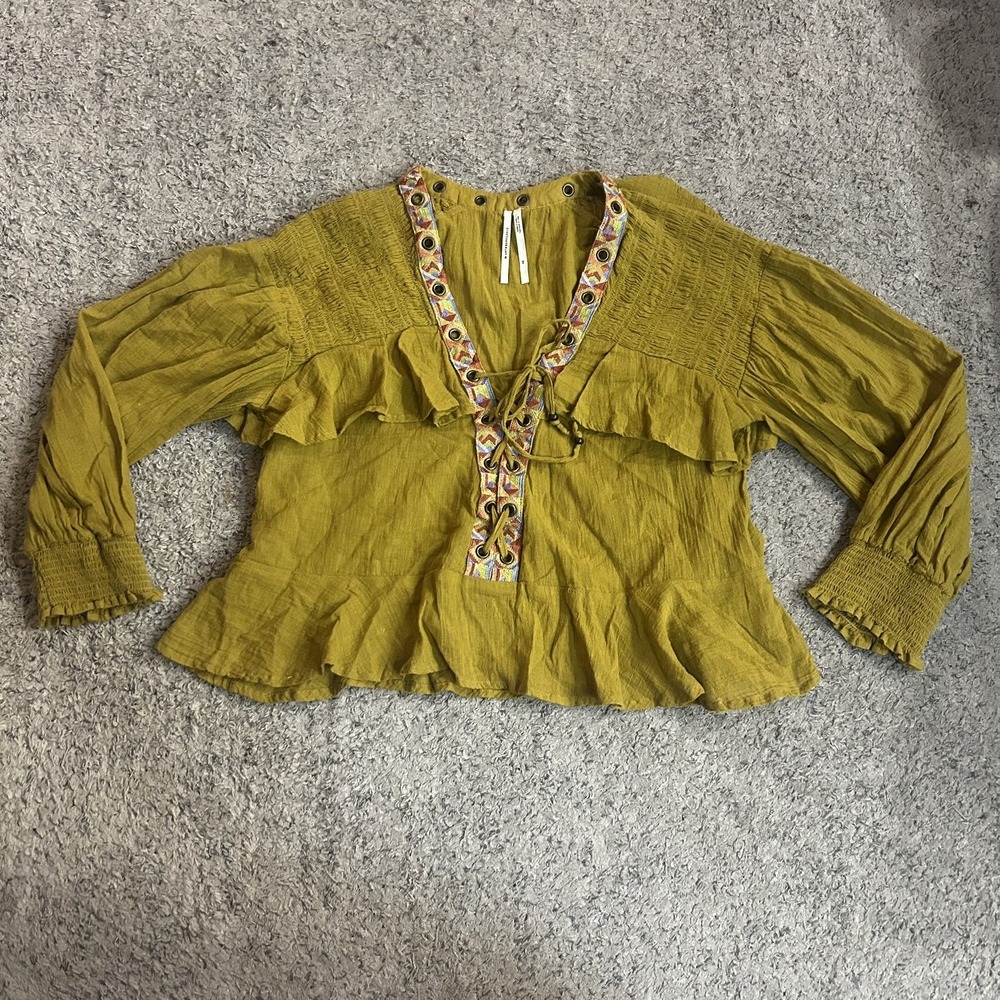 Anthropologie women's blouse XS mustard Yellow embellished grommet Long Sleeve